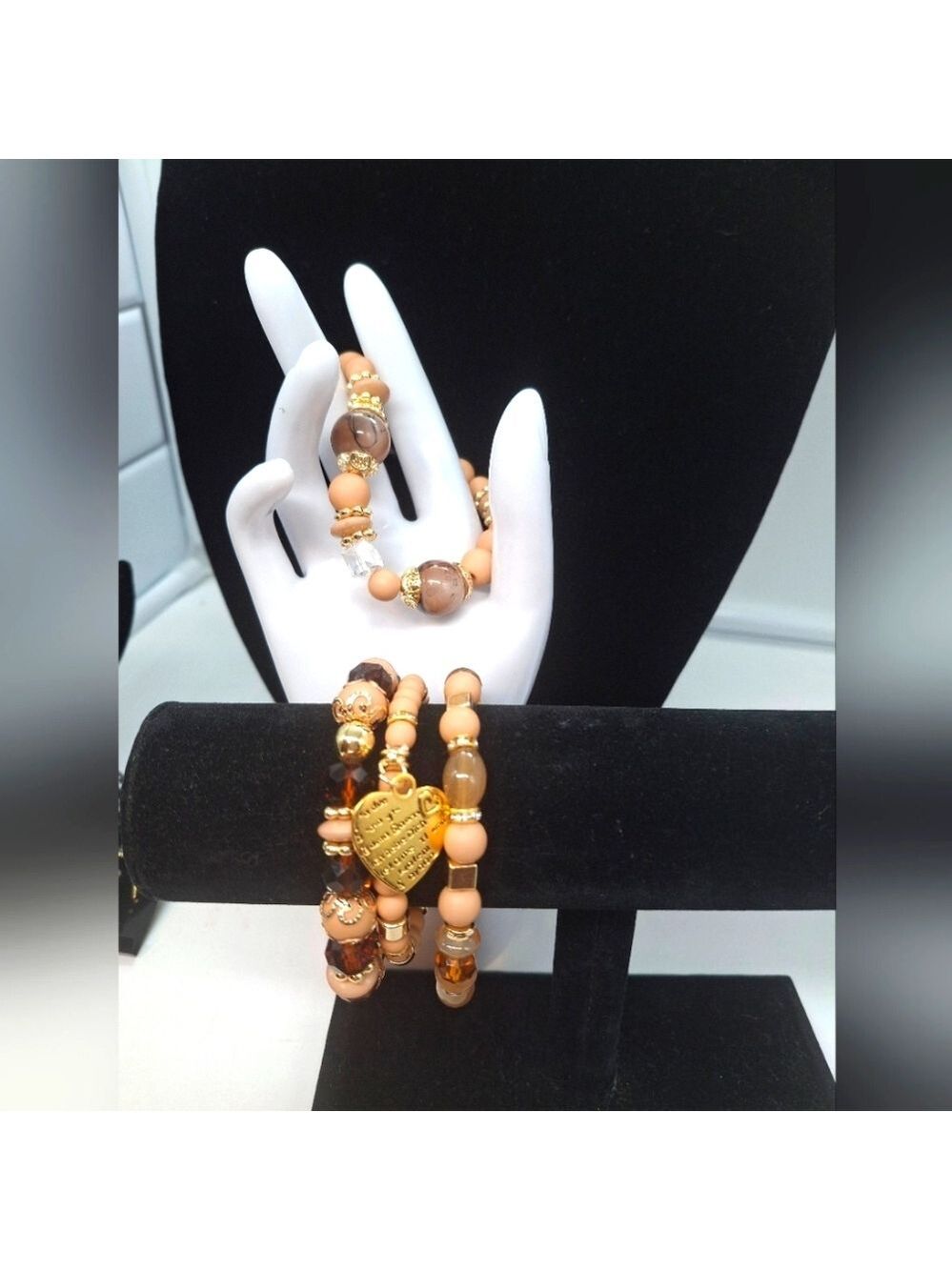 Boho Brown and Peach Color Beaded Bracelet 4 Pc Set with Gold Accents - Picture 1 of 2